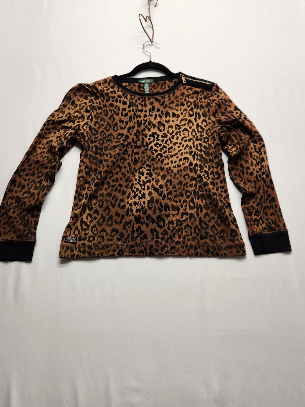 ⭐️Lauren Ralph Lauren Leopard Print Zipper Top Cotton Knit Faux Suede Patch XL